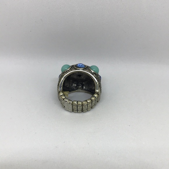 Native American Tribal Turquoise & Rhinestone Boho Elastic Ring - Picture 4 of 4